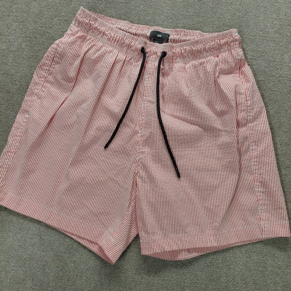 H&M Coral Vertical Stripe Men's LARGE 5" Inseam Swim Trunks Drawstring Pockets